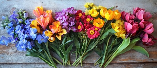 Obraz premium Colorful bouquet of fresh flowers arranged artistically on rustic wooden background showcasing vibrant hues and textures.