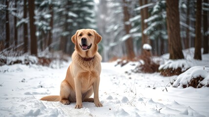 A joyful golden retriever sits in a snowy forest, surrounded by tall trees, embodying the playfulness and beauty of winter in nature's serene setting.
