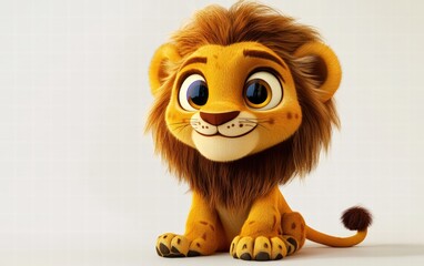 Fototapeta premium A cute cartoon lion sitting with a playful pose, large eyes, and a fluffy, stylized mane on a bright white background