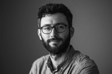 Fototapeta premium Black and white portrait, bearded man, glasses.