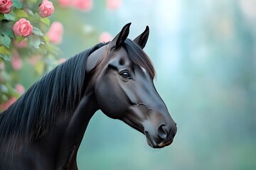 Obraz premium A majestic horse stands majestically in the misty mountains of Iceland, its mane flowing gently with each breath