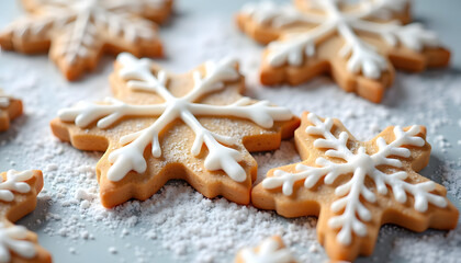 Snowflake cookies with icing on powdered sugar, holiday treats