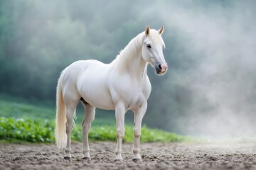 Obraz premium A majestic horse stands majestically in the misty mountains of Iceland, its mane flowing gently with each breath