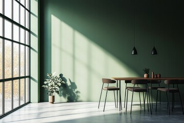 Fototapeta premium Modern Dining Room With Green Wall And Large Window