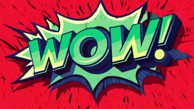 Pop art retro comic exposition style animation of cartoon sign. The bright phrase "WOW"	