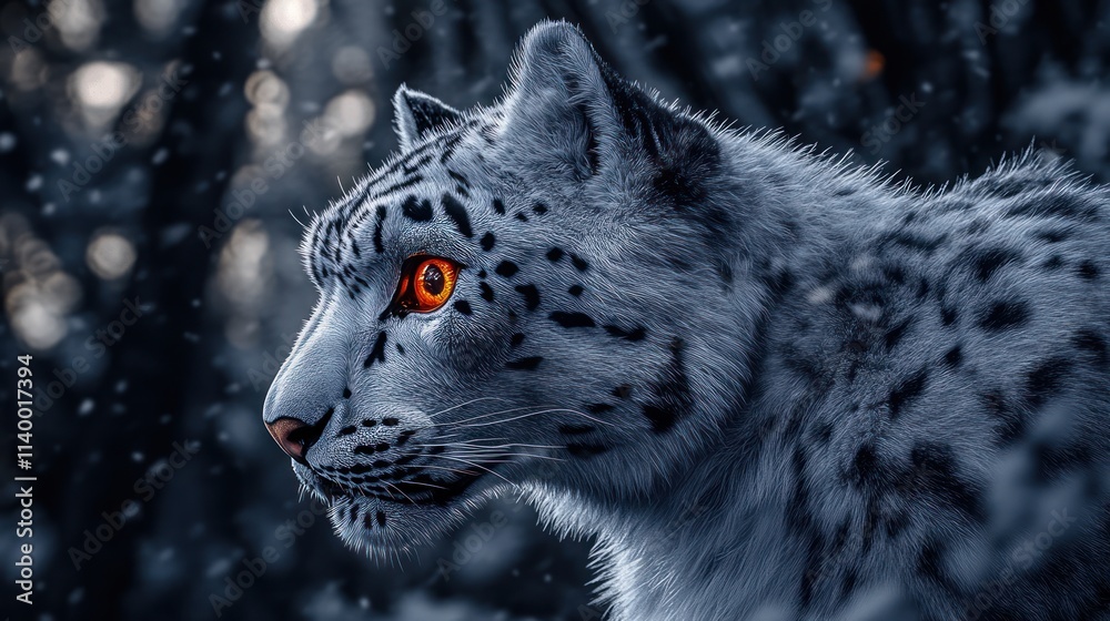 Poster a close-up of a snow leopard with striking orange eyes in a snowy forest setting.