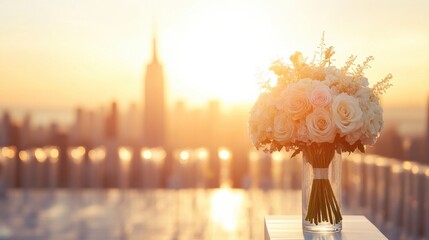 Romantic sunset wedding bouquet rooftop in new york city floral photography urban environment close-up view love concept