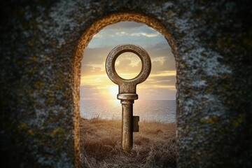 Ancient key, sunset view, stone frame, ocean, grass.