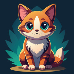 Fototapeta premium Cute little chubby red kitten with white stripes and big green eyes sitting straight on dark green background with floral elements