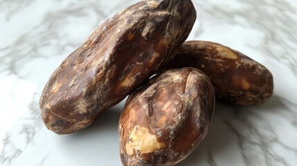 Obraz premium Fermented Cacao Beans Displaying Distinctive Texture and Color on Marbled Surface