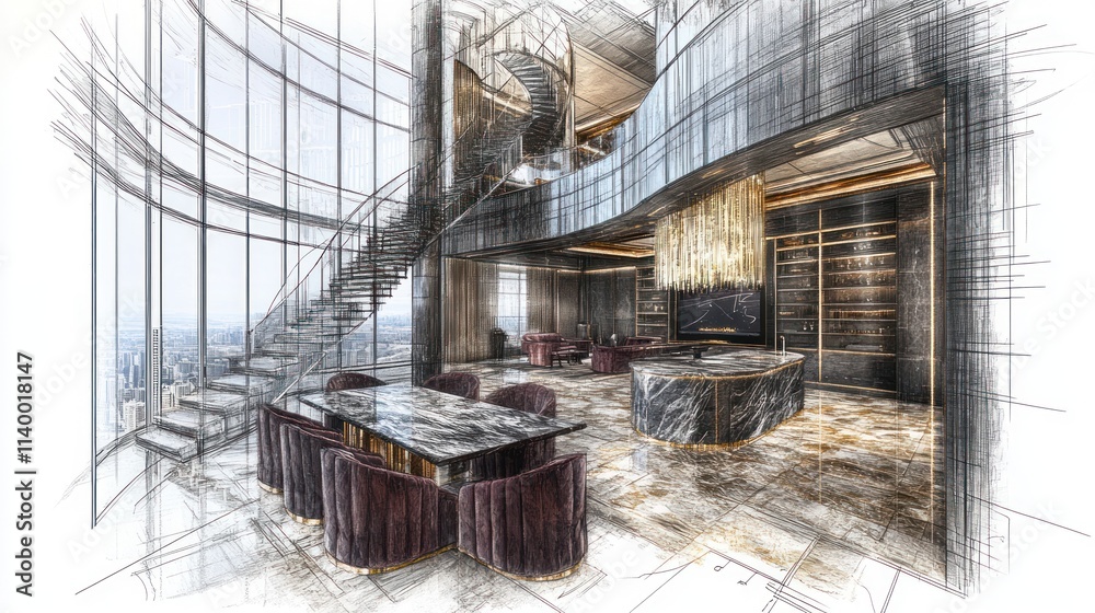 Poster a modern interior design sketch of a luxurious multi-level space with elegant furnishings.