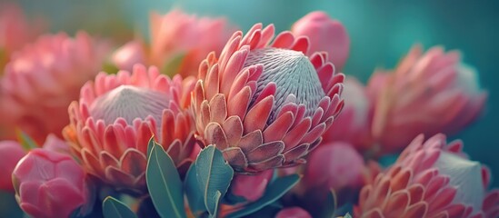 Beautiful close-up of blooming pink King Protea flowers showcasing intricate petals and vibrant colors, perfect for holiday gift arrangements.