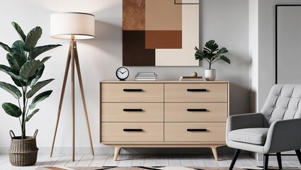 modern interior design photograph featuring a stylish living room setup. The layout includes a light wooden dresser with six drawers, each adorned with sleek black handles.
