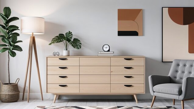 modern interior design photograph featuring a stylish living room setup. The layout includes a light wooden dresser with six drawers, each adorned with sleek black handles.