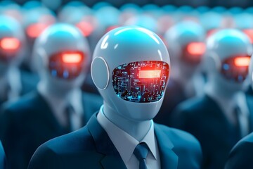Many people in suits with their heads replaced by computer chips, in the style of illustration, with low-key moody illumination