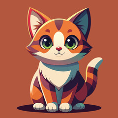 Cute little red kitten with white stripes and big green eyes sitting straight on deep orange background 