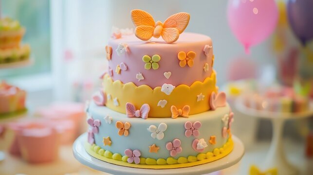 Colorful butterfly-themed cake adorned with flowers for children's birthday party celebration.