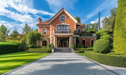 Fototapeta premium Brick house, manicured lawn, stone path, lush greenery.