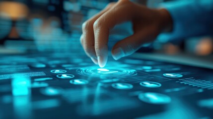 Finger touching interactive holographic screen.