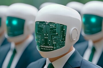 Many people in suits with their heads replaced by computer chips, in the style of illustration, with low-key moody illumination