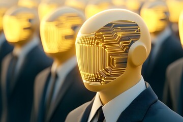 Many people in suits with their heads replaced by computer chips, in the style of illustration, with low-key moody illumination