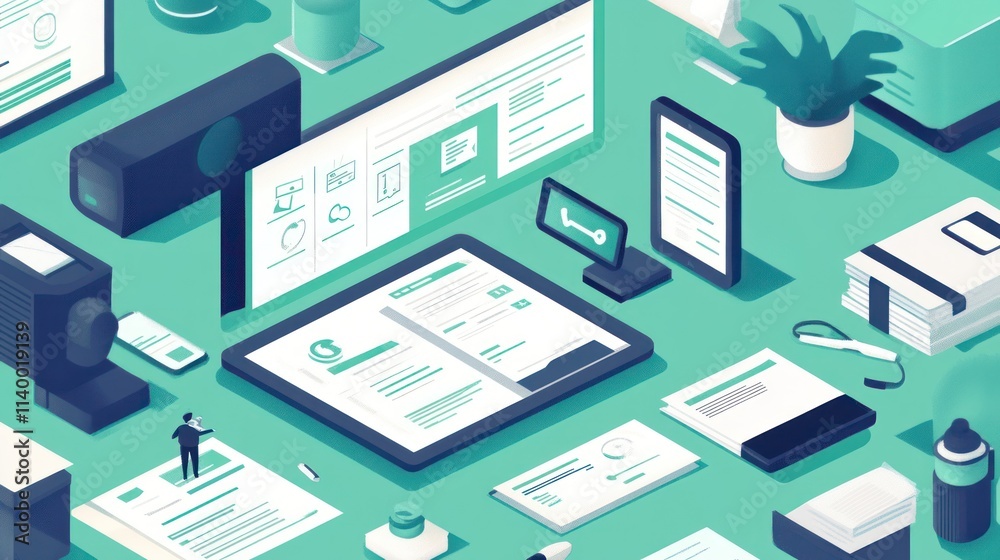 Poster A digital workspace featuring devices and documents, emphasizing productivity and technology.
