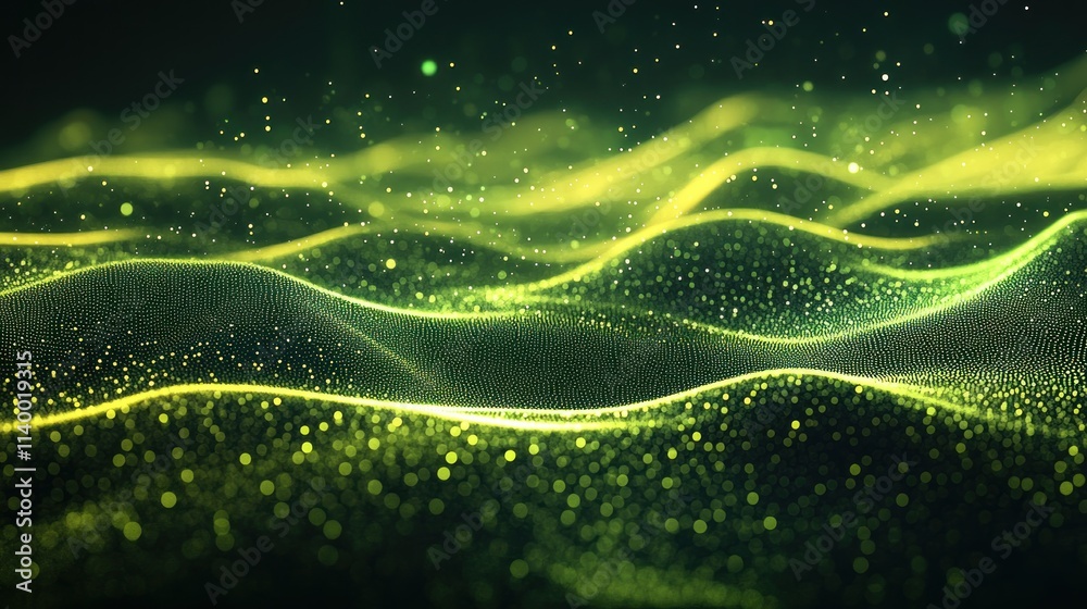 Fototapete abstract waves of green light with sparkling particles creating a dynamic visual effect.