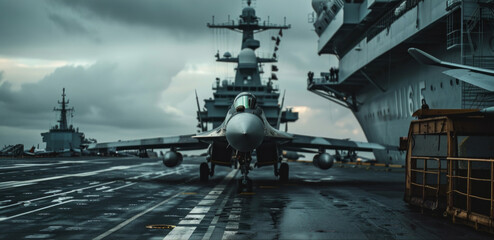 A fighter jet on an aircraft carrier prepares for takeoff. The rainy, ominous sky sets a dark tone with two individuals and a surfboard nearby.