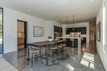 Fototapeta premium Modern Kitchen Dining Area With Island And Wooden Table