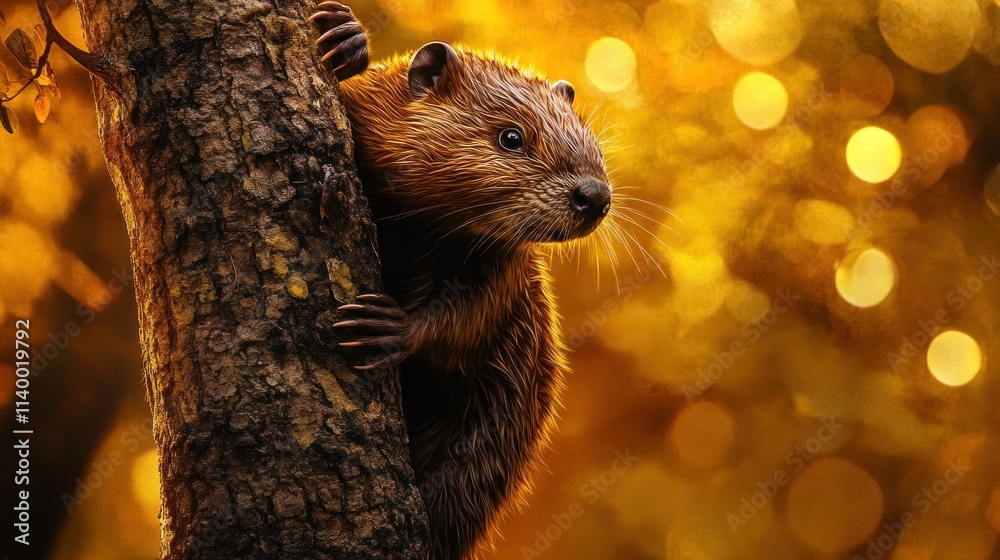 Poster a beaver climbing a tree, set against a warm, bokeh background of autumn colors.