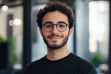 Fototapeta premium Smiling man, glasses, dark shirt, blurry background.