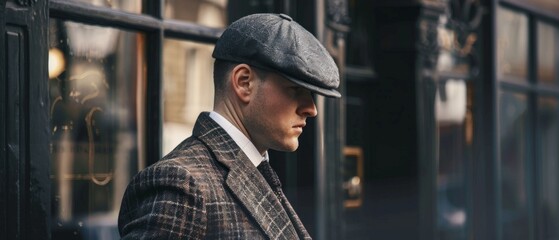 A man in a vintage outfit with a three-piece suit, bow tie, and overcoat stands by black windows on a city street, creating a nostalgic and introspective scene.