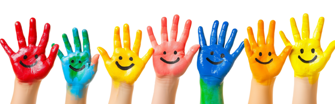 Colorful painted hands with smiley faces in a row against black background