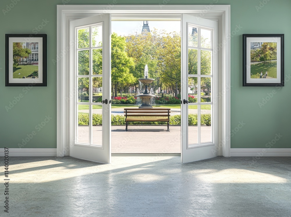 Poster A serene view through open doors showcasing a park with a fountain and bench.