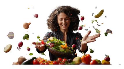 Vibrant woman joyfully tossing fresh vegetables in the air