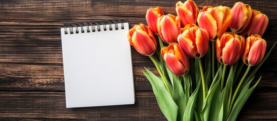 Fototapeta premium Spring tulip bouquet with a blank notepad on rustic wood table perfect for festive designs and creative projects