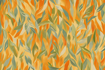 A vibrant abstract pattern of leaves in shades of orange, green, and yellow.