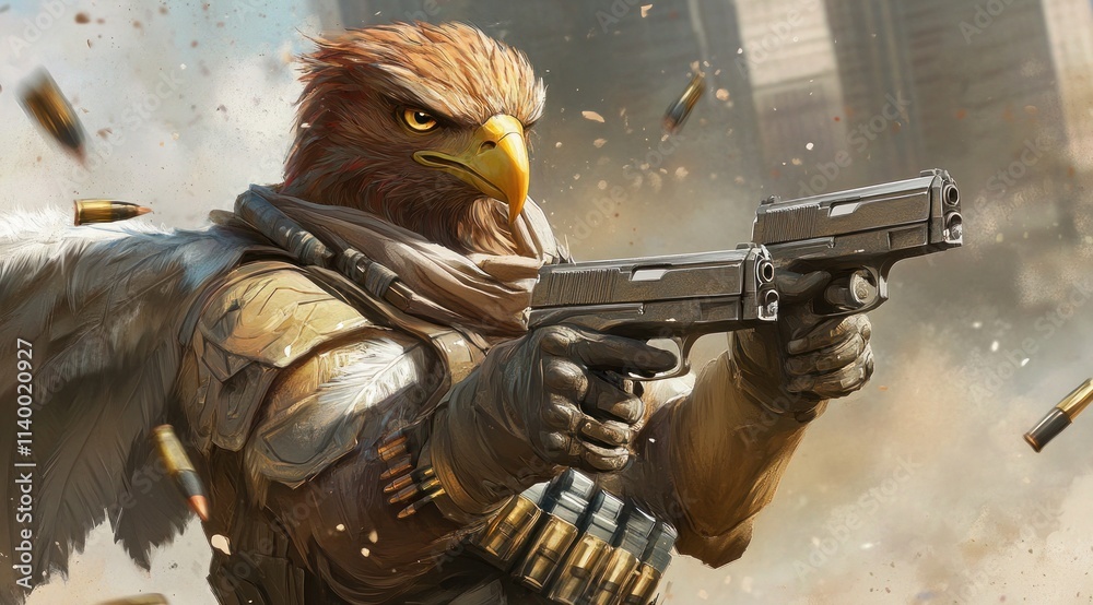 Poster a fierce anthropomorphic eagle character wielding dual pistols in a dynamic action scene.