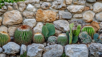 Cacti thriving against a rustic stone wall in a beautiful desert landscape showcasing nature's resilience and charm