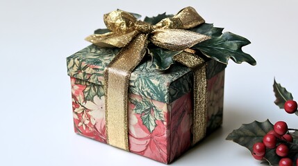 A small holiday gift with a gold ribbon on top 