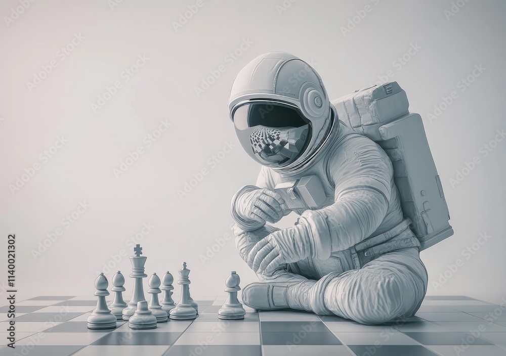 Aufkleber An astronaut in a spacesuit contemplates a game of chess on a checkered board.