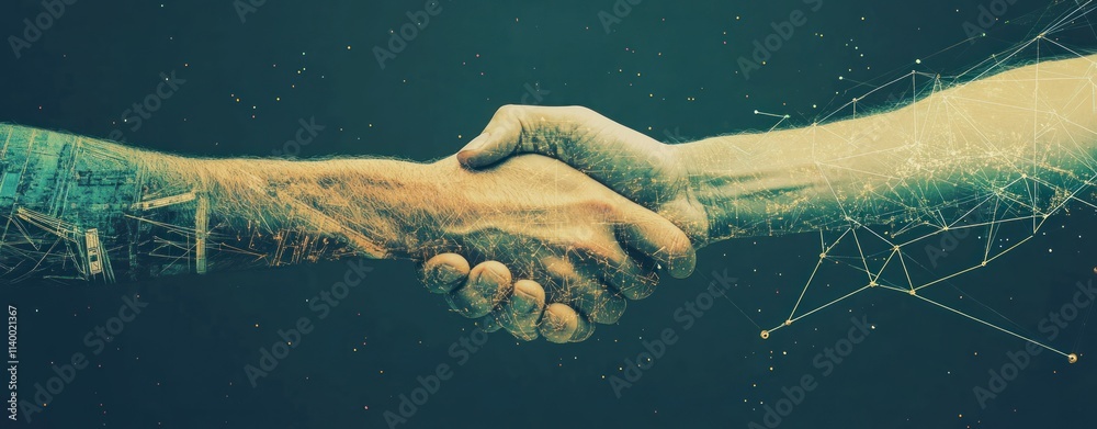Poster a handshake between a human hand and a robotic hand symbolizes collaboration and technology.
