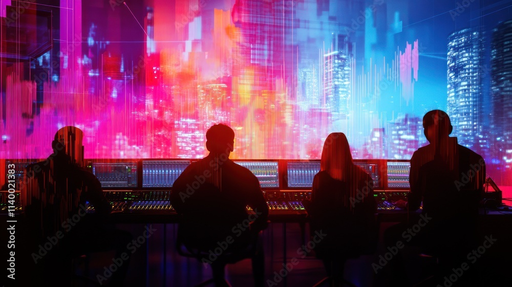 Poster a digital workspace with silhouettes of people in front of vibrant city visuals and data graphics.