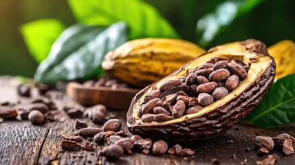 Cacao nibs and cocoa pod on wooden table with green leaves in the background showcasing the beauty of natural chocolate ingredients