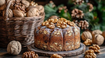 Nutty poppy seed cake adorned with walnuts set against a rustic backdrop of a woven basket filled with walnuts and greenery accents.