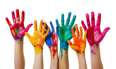 Colorful painted hands raised against a black background in a joyful display