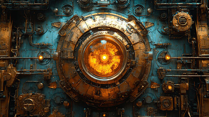 Fototapeta premium steampunk, parts, gears, cogs, pistons, levers, valves, pipes, brass, copper, rivets, bolts, screws, chains, wheels, pulleys, springs, gauges, dials, meters, cranks, handles, mechanisms, machinery, st