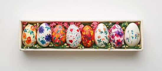 Colorful Easter eggs arranged in a decorative box with floral accents set against a clean white background for festive celebrations.