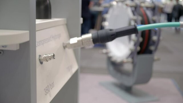 Small connector for compressed hydrogen gas applications, demonstrator at a hydrogen trade fair, plugged and unplugged