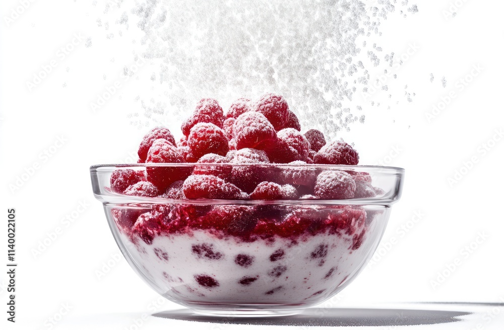 Poster a bowl of raspberries topped with powdered sugar, emphasizing a fresh dessert presentation.